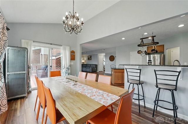 1662 S Branch Rd, Centerville, OH 45458 - dining area featuring dark wood finished floors, recessed lighting, a chandelier, and high vaulted ceiling