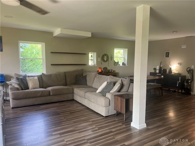 3348 Phillipsburg Union Rd, Englewood, OH 45322 - living room featuring dark wood-style floors and a ceiling fan