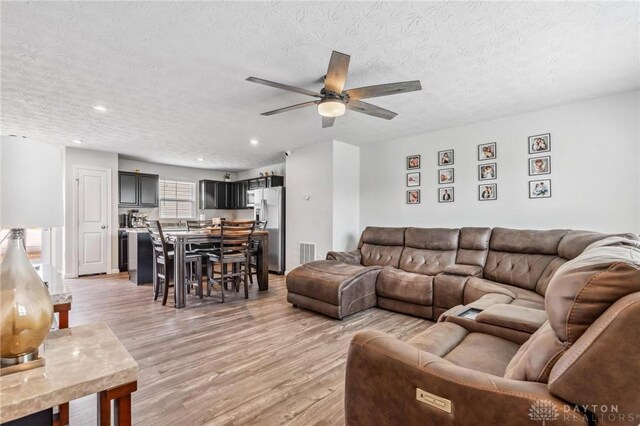 1918 Bessie Ave, Moraine, OH 45439 - living area featuring ceiling fan, a textured ceiling, light wood finished floors, and recessed lighting