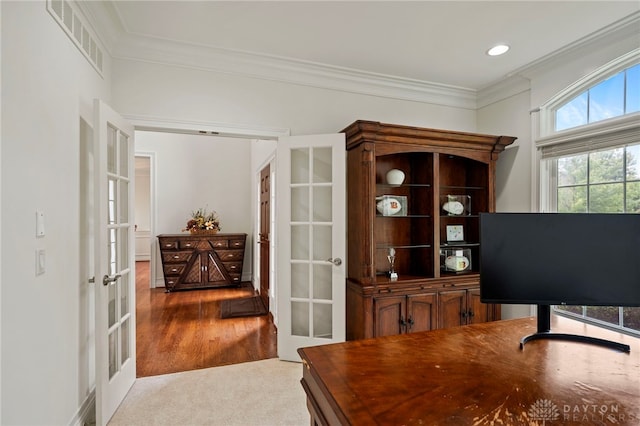 4738 Saddletop Ridge Ln, Mason, OH 45040 - home office with french doors, crown molding, and wood finished floors