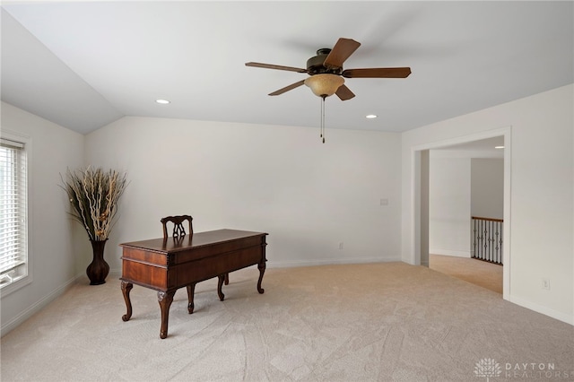 4738 Saddletop Ridge Ln, Mason, OH 45040 - office area featuring ceiling fan, light carpet, recessed lighting, and vaulted ceiling