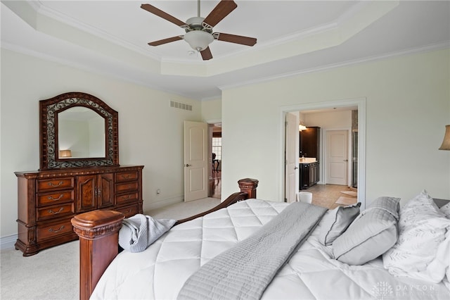 4738 Saddletop Ridge Ln, Mason, OH 45040 - bedroom featuring a raised ceiling, light carpet, crown molding, ensuite bathroom, and ceiling fan