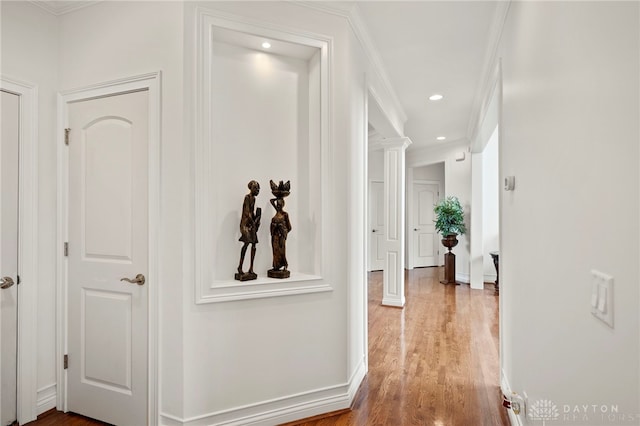 4738 Saddletop Ridge Ln, Mason, OH 45040 - hallway with wood finished floors, recessed lighting, and ornamental molding