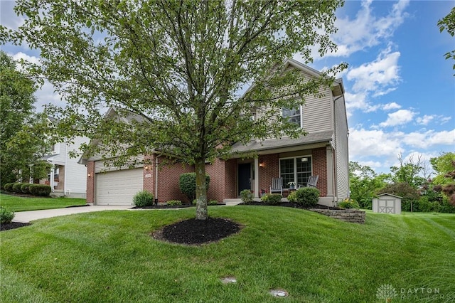 4395 Turtledove Way, Miamisburg, OH 45342 - view of front of property with a shed, a front lawn, brick siding, and driveway