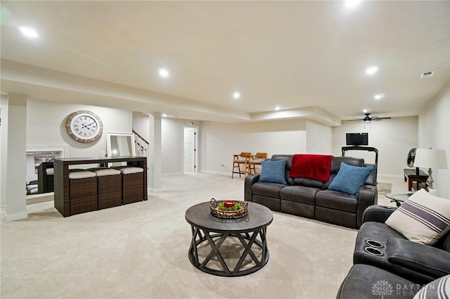 181 Cresting Rd, Fairborn, OH 45324 - carpeted living area with recessed lighting and stairway