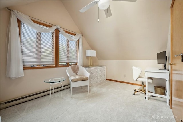 3611 Delaine Ave, Kettering, OH 45429 - carpeted home office with a baseboard heating unit, lofted ceiling, and a ceiling fan