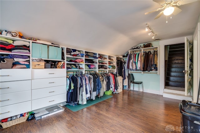 18 E Washington St, Jamestown Vlg, OH 45335 - walk in closet with lofted ceiling, wood finished floors, and ceiling fan