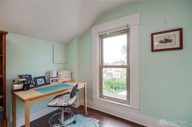18 E Washington St, Jamestown Vlg, OH 45335 - home office featuring vaulted ceiling, wood finished floors, and electric panel