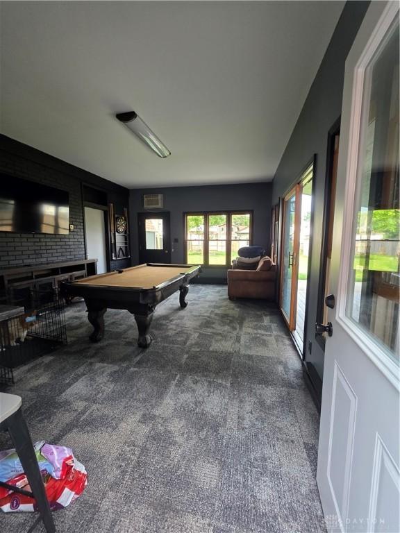 126 S Maple St, Eaton, OH 45320 - recreation room with carpet flooring, billiards, and a fireplace