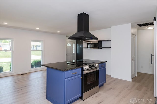 7044 Park Vista Rd, Englewood, OH 45322 - kitchen featuring stainless steel appliances, island range hood, blue cabinetry, light wood-style flooring, and recessed lighting