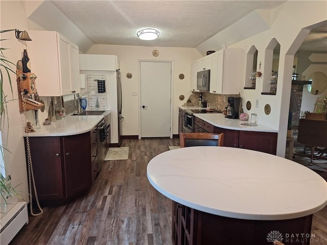 291 Chamberlin Rd, Carlisle, OH 45005 - kitchen featuring stainless steel appliances, light countertops, dark wood-type flooring, a baseboard radiator, and lofted ceiling