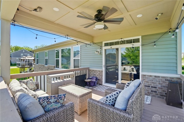 5078 Magellan Way, Franklin, OH 45005 - wooden terrace featuring an outdoor living space and ceiling fan