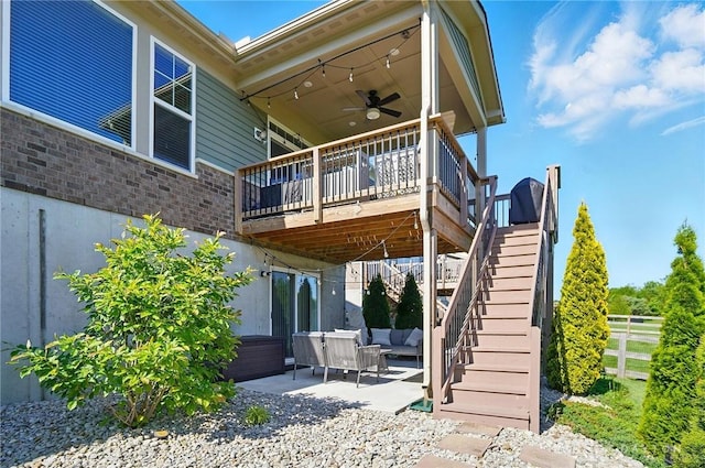5078 Magellan Way, Franklin, OH 45005 - rear view of house featuring ceiling fan, a patio, an outdoor hangout area, a deck, and stairway