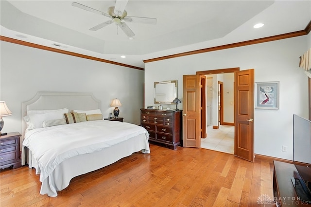 1106 Roger Scott Dr, Bellbrook, OH 45305 - bedroom with ornamental molding, a raised ceiling, light wood-style floors, a ceiling fan, and recessed lighting