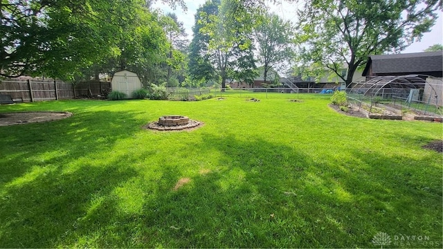 5468 Split Rock Dr, Dayton, OH 45424 - fenced backyard featuring a fire pit, a garden, and a storage shed