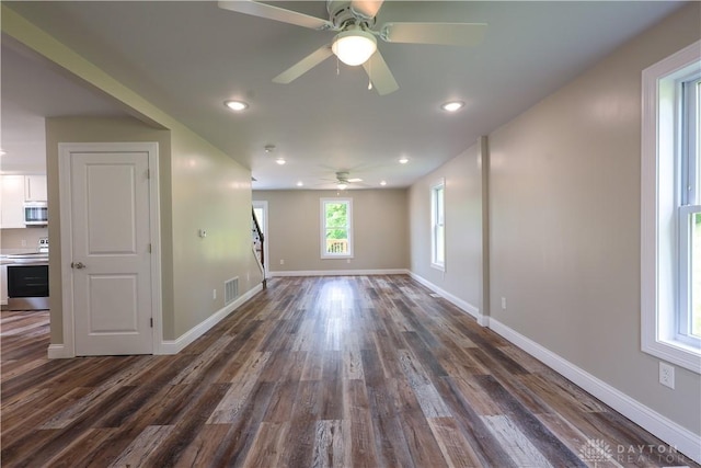 506 Linden Ave, Dayton, OH 45403 - unfurnished living room with ceiling fan, dark wood-style flooring, and recessed lighting