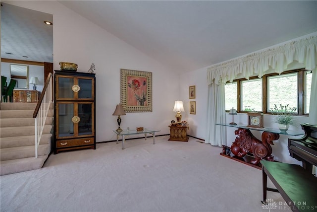 1952 Tait Circle Rd, Dayton, OH 45429 - living area featuring carpet, lofted ceiling, and stairs