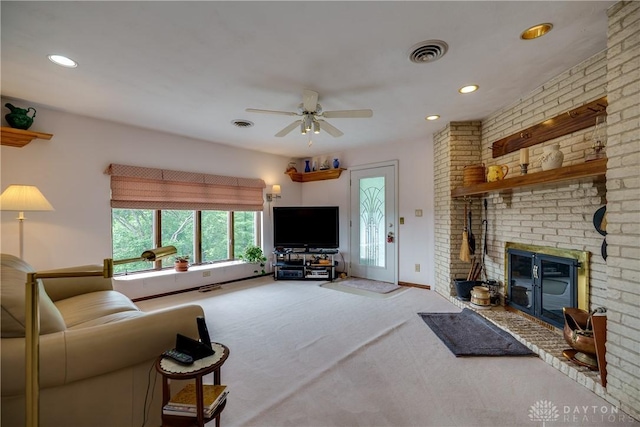 1952 Tait Circle Rd, Dayton, OH 45429 - living area featuring carpet flooring, a brick fireplace, plenty of natural light, ceiling fan, and recessed lighting