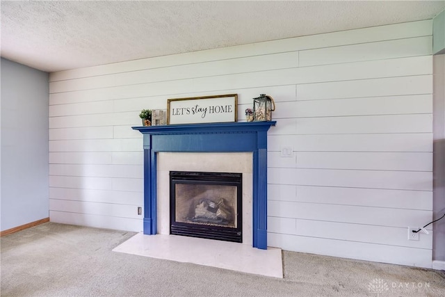 1864 E Lytle 5 Points Rd Unit R, Centerville, OH 45458 - detailed view of a fireplace with flush hearth, carpet, a textured ceiling, and wooden walls