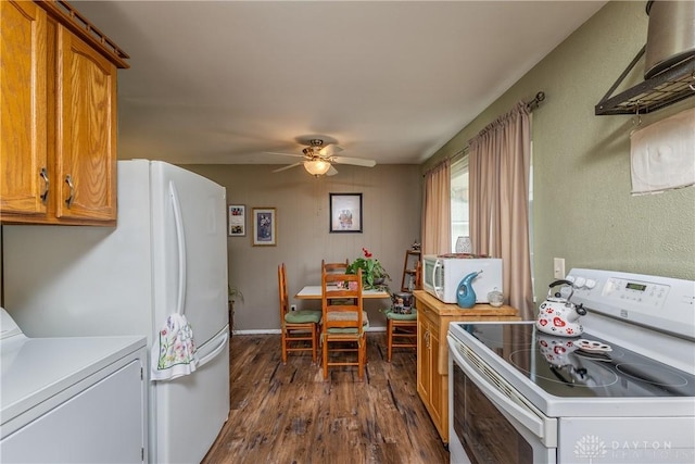 2151 Newgate Ave, Dayton, OH 45420 - kitchen featuring white appliances, washer / clothes dryer, dark wood finished floors, a ceiling fan, and brown cabinetry