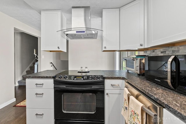 6814 Rushleigh Rd, Englewood, OH 45322 - kitchen with island range hood, black appliances, dark wood-type flooring, and white cabinets