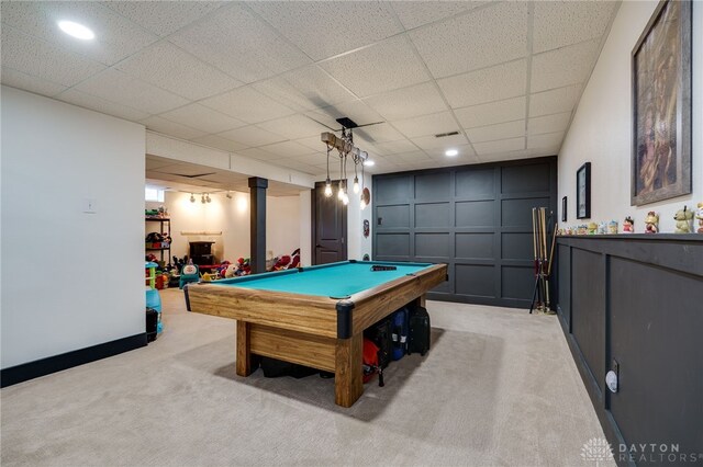 8282 Hile Ln, Germantown, OH 45327 - recreation room with light carpet, a decorative wall, pool table, a drop ceiling, and recessed lighting