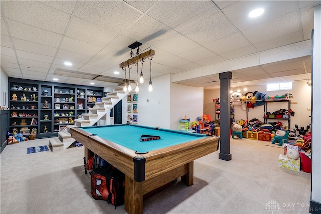 8282 Hile Ln, Germantown, OH 45327 - game room with carpet flooring, pool table, a paneled ceiling, and recessed lighting