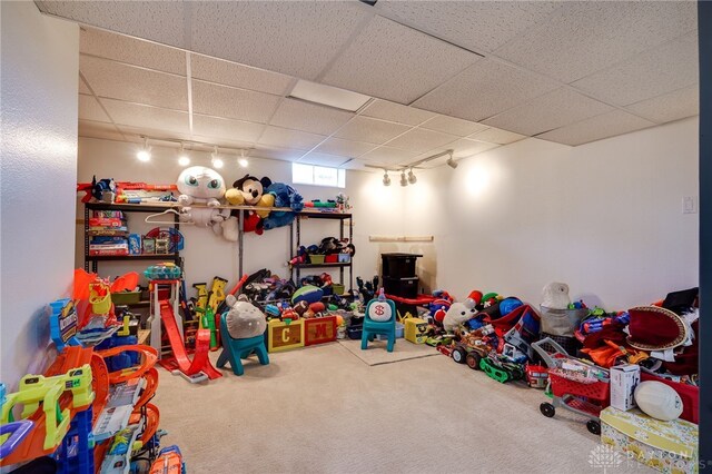 8282 Hile Ln, Germantown, OH 45327 - game room with rail lighting, carpet floors, and a paneled ceiling