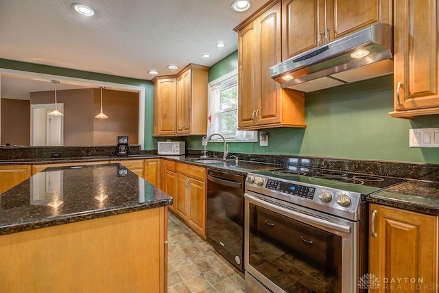 5807 Twin Pine Ln, Miami Twp, OH 45449 - kitchen with stainless steel electric stove, black dishwasher, under cabinet range hood, dark stone countertops, and recessed lighting