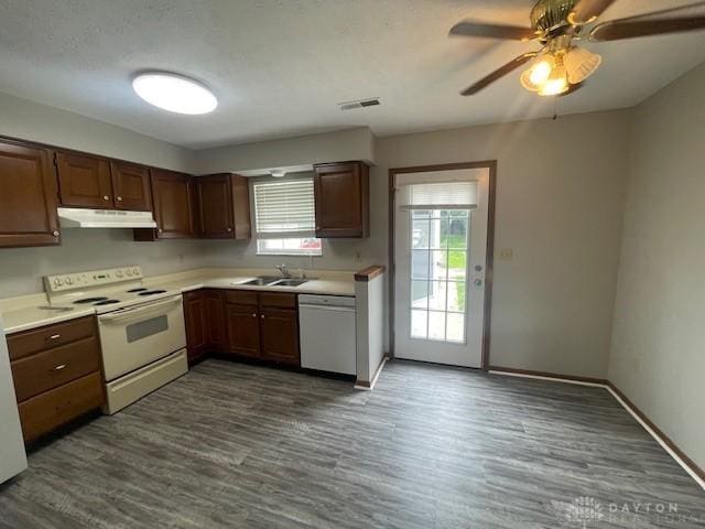 1608 Belvo Rd Unit 1602, Miamisburg, OH 45342 - kitchen with white appliances, under cabinet range hood, a ceiling fan, dark wood finished floors, and light countertops