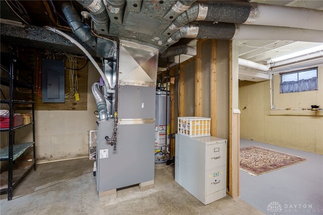 164 Winding Way, Kettering, OH 45429 - utility room featuring electric panel, gas water heater, and heating unit