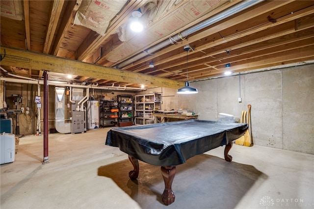 164 Winding Way, Kettering, OH 45429 - recreation room featuring gas water heater, unfinished concrete flooring, heating unit, and billiards table