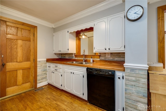 164 Winding Way, Kettering, OH 45429 - kitchen with dishwasher, white cabinetry, ornamental molding, light wood-style flooring, and wood counters