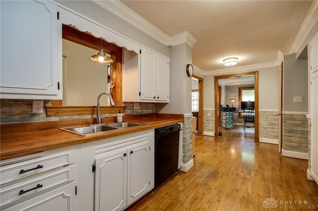 164 Winding Way, Kettering, OH 45429 - kitchen with wood counters, dishwasher, white cabinets, a wainscoted wall, and light wood-style flooring