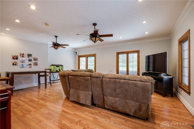 164 Winding Way, Kettering, OH 45429 - living area featuring recessed lighting, ceiling fan, light wood-style floors, ornamental molding, and a textured ceiling