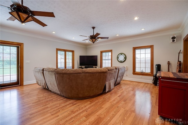 164 Winding Way, Kettering, OH 45429 - living room with ceiling fan, light wood finished floors, plenty of natural light, a textured ceiling, and crown molding