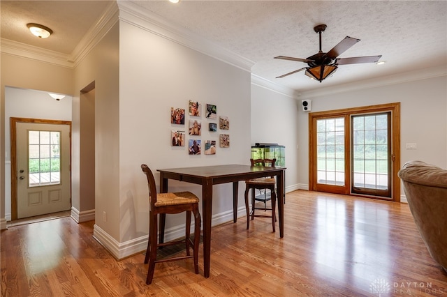 164 Winding Way, Kettering, OH 45429 - dining room featuring plenty of natural light, light wood finished floors, a textured ceiling, ceiling fan, and crown molding