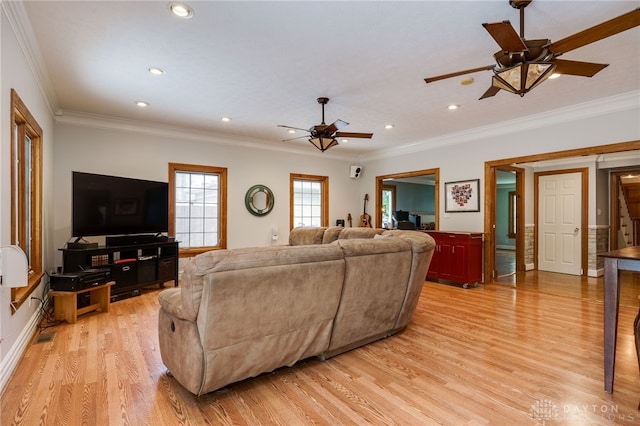 164 Winding Way, Kettering, OH 45429 - living room featuring ceiling fan, light wood-style flooring, recessed lighting, and ornamental molding
