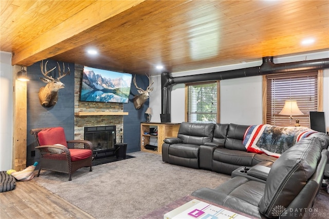 3075 Addison New Carlisle Rd, New Carlisle, OH 45344 - living room featuring wood ceiling, a fireplace, wood finished floors, and recessed lighting
