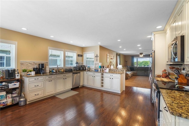 855 Quarry Rd, Silver Creek Twp, OH 45335 - kitchen with stainless steel appliances, open floor plan, dark wood finished floors, a peninsula, and recessed lighting