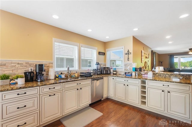 855 Quarry Rd, Silver Creek Twp, OH 45335 - kitchen featuring stainless steel dishwasher, recessed lighting, dark wood-type flooring, dark stone counters, and a peninsula