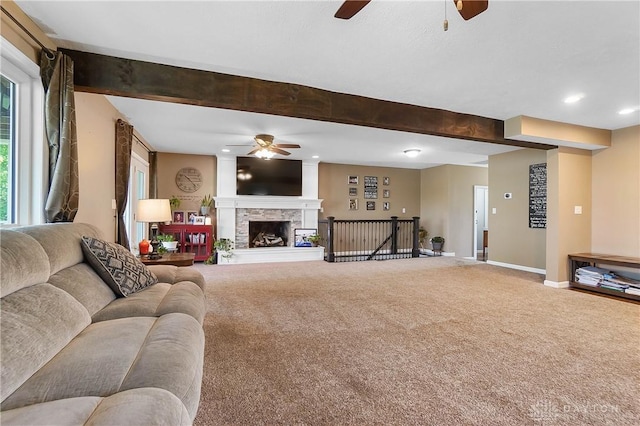 855 Quarry Rd, Silver Creek Twp, OH 45335 - carpeted living area with a ceiling fan, recessed lighting, and beam ceiling