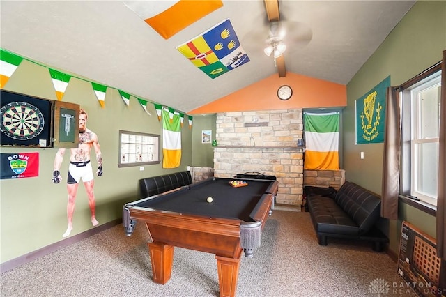 855 Quarry Rd, Silver Creek Twp, OH 45335 - playroom with ceiling fan, carpet floors, pool table, and a fireplace