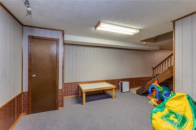 2025 Seneca Dr, Troy, OH 45373 - game room featuring carpet, wooden walls, and a textured ceiling