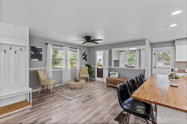 8684 Woodview Dr, Cincinnati, OH 45231 - dining space featuring light wood-style floors, a ceiling fan, and recessed lighting