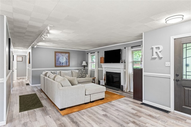 8684 Woodview Dr, Cincinnati, OH 45231 - living area featuring rail lighting, light wood-type flooring, and a glass covered fireplace