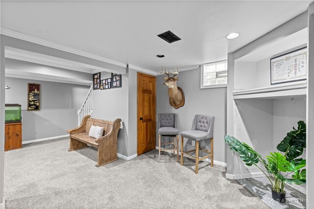 8684 Woodview Dr, Cincinnati, OH 45231 - living area with carpet, crown molding, recessed lighting, and stairway