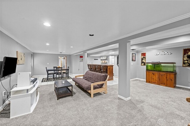 8684 Woodview Dr, Cincinnati, OH 45231 - living area with a bar, carpet, ornamental molding, and recessed lighting