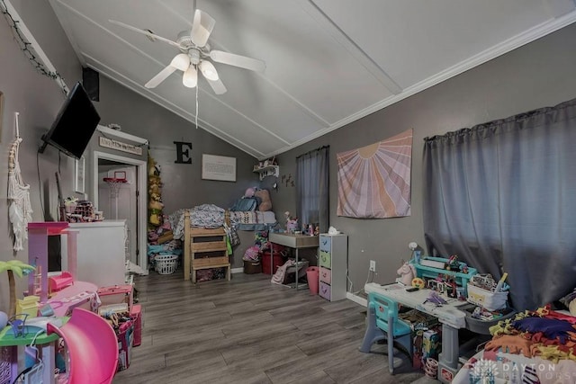 4510 Trenton Franklin Rd, Middletown, OH 45042 - playroom featuring a ceiling fan, vaulted ceiling, wood finished floors, and crown molding