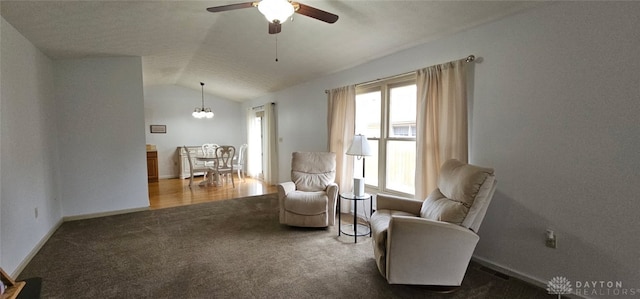 919 N Cherry St, Eaton, OH 45320 - sitting room featuring carpet flooring, a chandelier, ceiling fan, and vaulted ceiling
